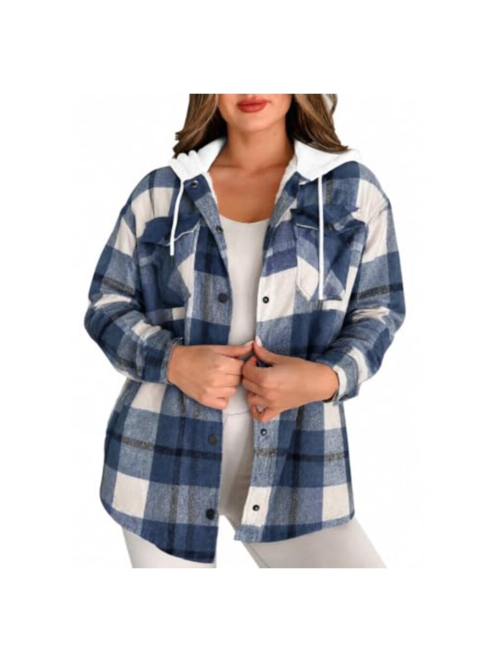 Flannel Plaid Shacket Sherpa Fleece Lined Oversized Hooded Button Up Coat